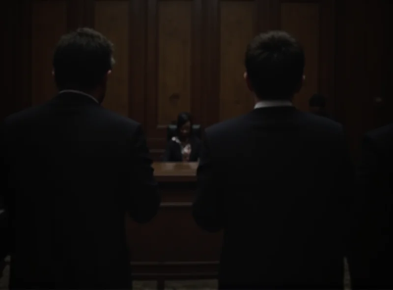 A courtroom scene with lawyers and a judge, focusing on the somber atmosphere.