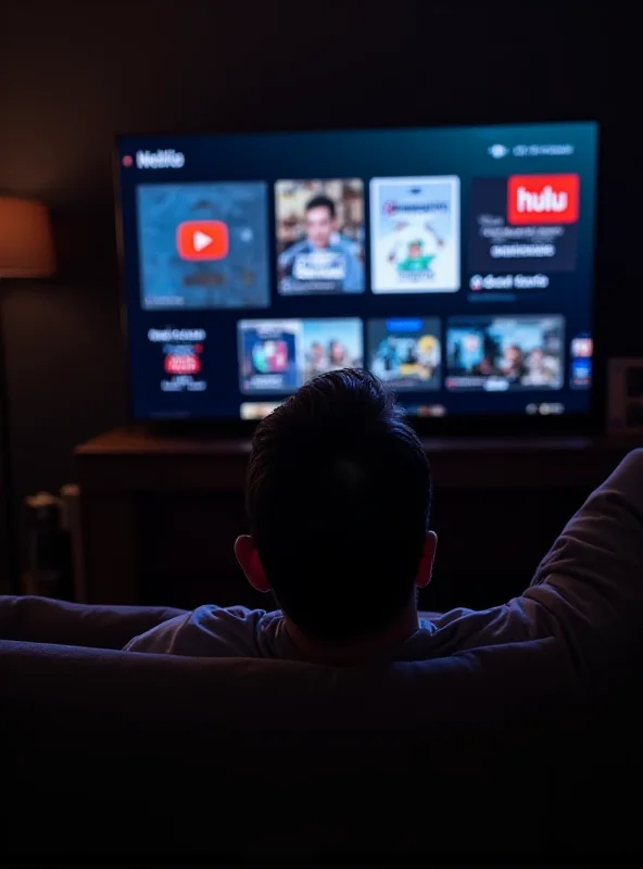 A person watching YouTube TV on a smart TV with various streaming service logos displayed.