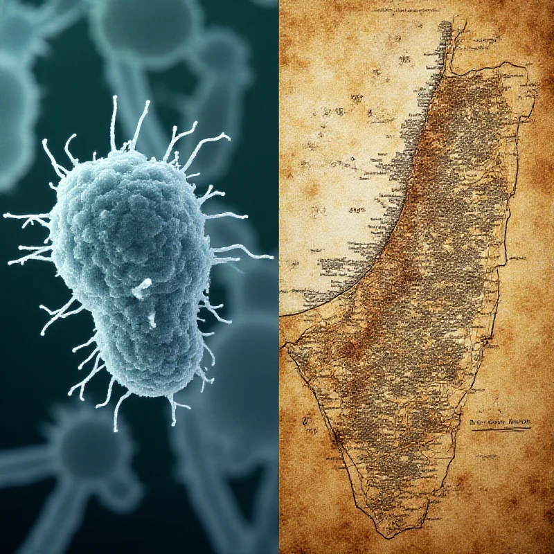 Comparison image of a microscopic view of bacteria and an ancient map of the Kingdom of Israel