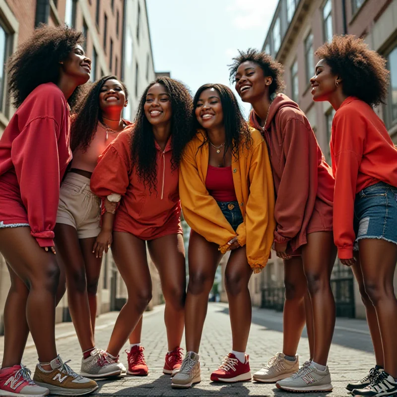 A diverse group of young women, the 'Ganni Girls', are shown wearing the Ganni x New Balance sneakers in various urban settings.