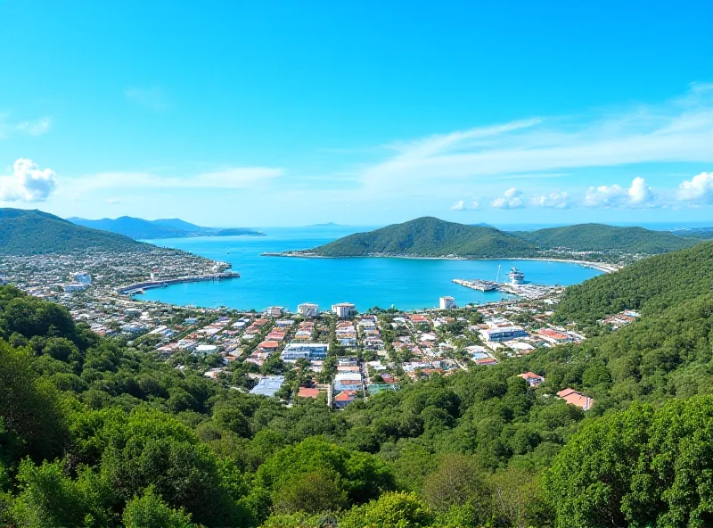 View of Nouméa, New Caledonia, with a harbor and cityscape in the foreground and lush green hills in the background under a bright blue sky. Several boats are docked in the harbor, and buildings are visible along the coastline.