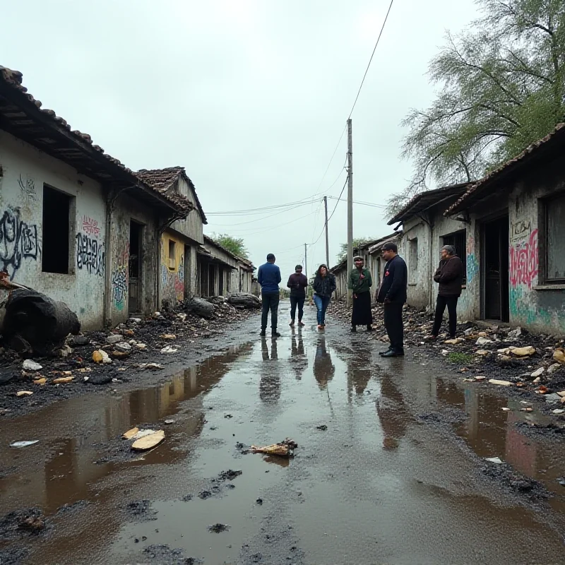 A wide shot of a street in Dumbéa showing damage from the riots. There are burnt out cars and damaged buildings. A group of people are standing in the street looking at the damage. The sky is overcast.