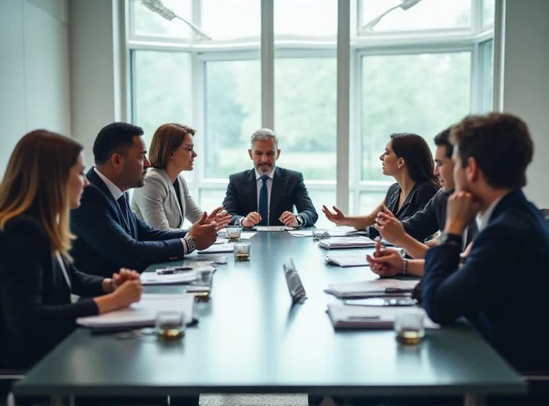 A diverse group of people sitting around a table in a meeting room, engaged in a discussion. Some are listening attentively, while others are speaking or taking notes. The atmosphere is professional and collaborative, with natural light streaming in from nearby windows. The room is modern and well-equipped, suggesting a formal setting for important negotiations.