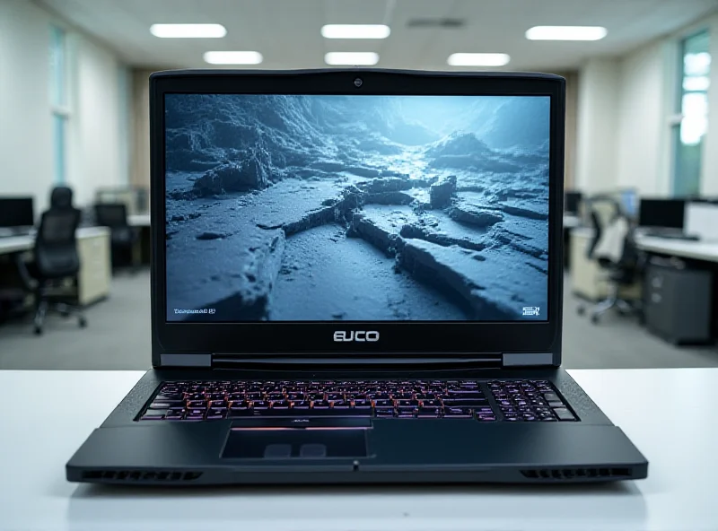 The Eurocom Raptor X17 laptop, showcasing its sleek design and powerful cooling system, with the screen displaying a complex 3D rendering.