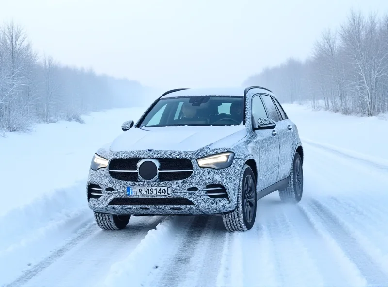 A Mercedes-Benz GLC electric prototype driving on an icy, snow-covered road in Sweden. The car is partially camouflaged, showcasing its sleek SUV design and highlighting the winter testing conditions.