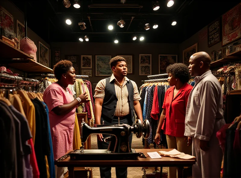 A brightly lit stage with actors in a tailor's shop. Clothes racks surround them, and they are actively working with fabrics and sewing machines, mid-conversation.