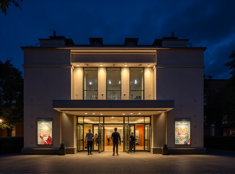 A wide shot of the National Theatre's exterior at night, with bright lights illuminating the building and people entering and exiting.