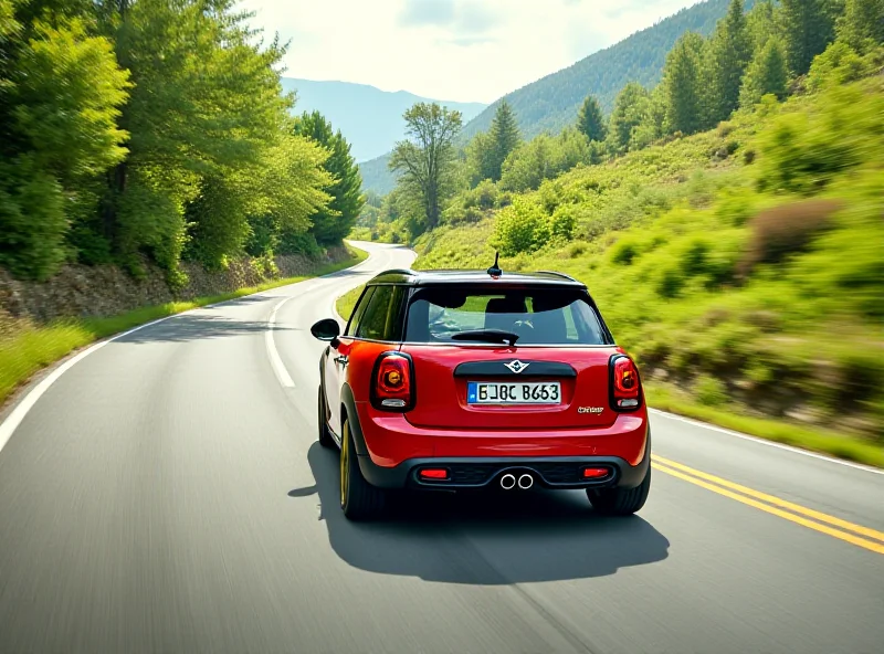 A vibrant red Mini Cooper speeds around a sharp corner on a sunny day, showcasing its sporty handling. The road is winding and the scenery is lush green.