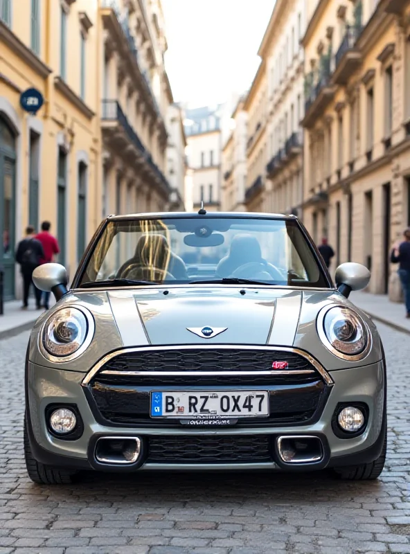 A sleek, silver Mini Convertible parked on a cobblestone street in a European city. The top is down and the interior is visible, showing modern design elements.