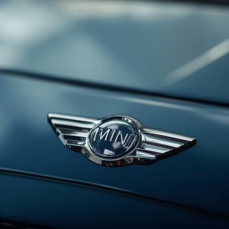 Close-up of the Mini logo on the hood of a new model, emphasizing the modern design and sleek lines. The background is blurred, focusing attention on the iconic emblem.
