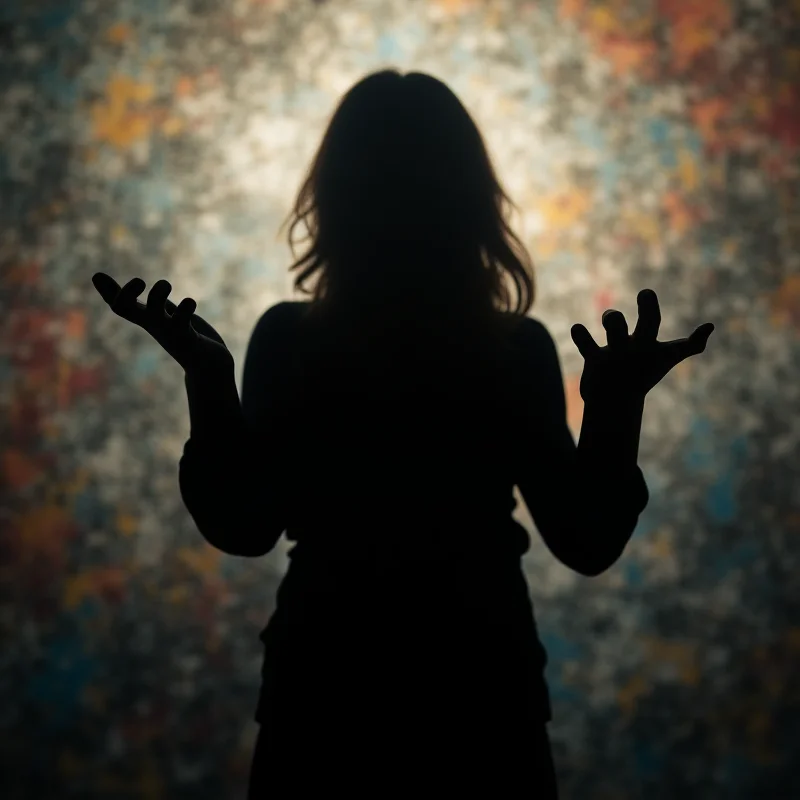 A silhouette of a person reaching out for help against a blurred, chaotic background, symbolizing the isolation and desperation of domestic violence victims.