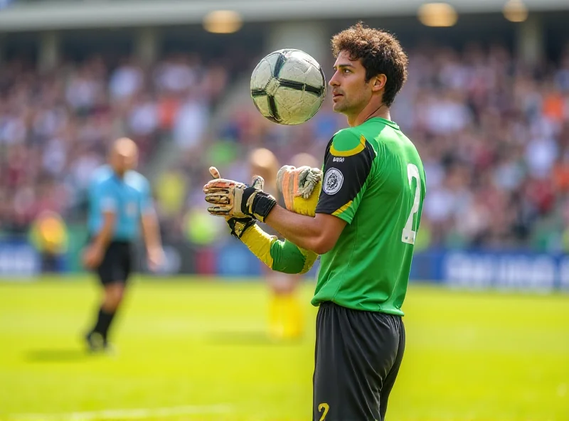 Goalkeeper holding a soccer ball with a referee nearby.