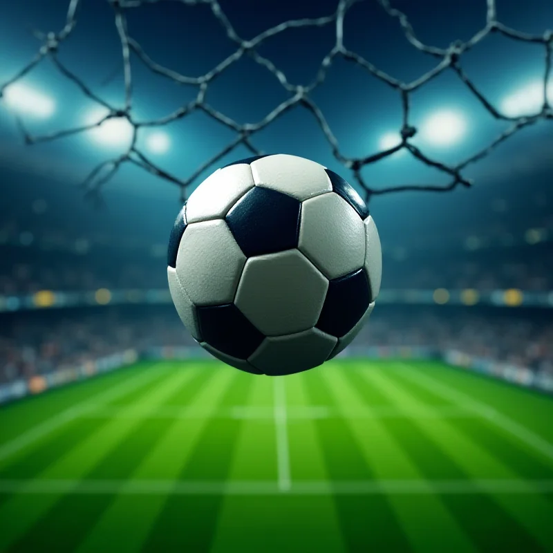 A soccer ball in the net after a corner kick.