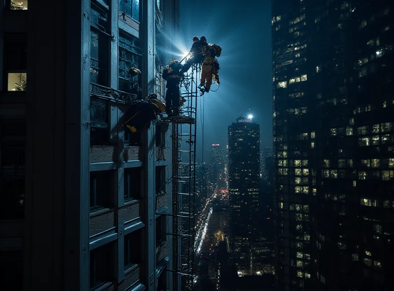 A dramatic rescue scene of window washers on a skyscraper in New York City, with FDNY personnel assisting