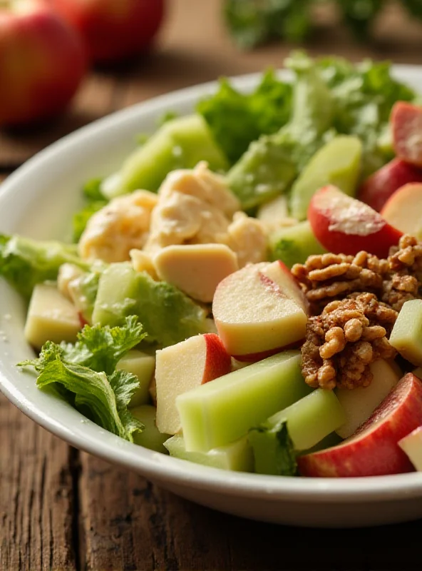 A beautifully arranged Waldorf Salad in a white bowl on a wooden table, showcasing fresh apples, celery, walnuts, and creamy dressing