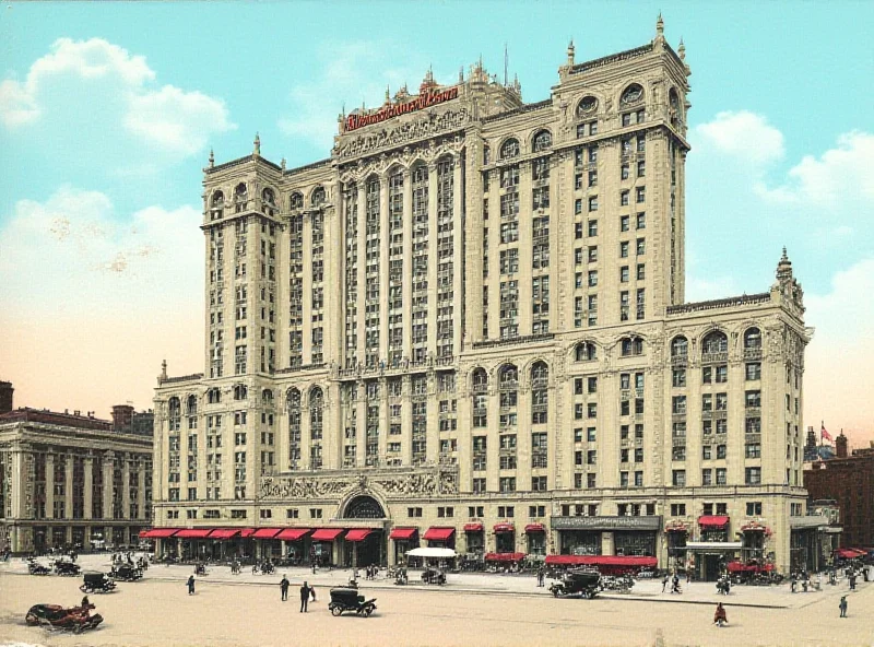 A vintage postcard of the Waldorf-Astoria Hotel in New York City, showcasing its grand architecture and bustling street scene in the late 19th century