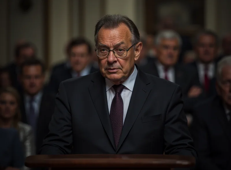 Illustration of a diplomat speaking at a podium with a serious expression.