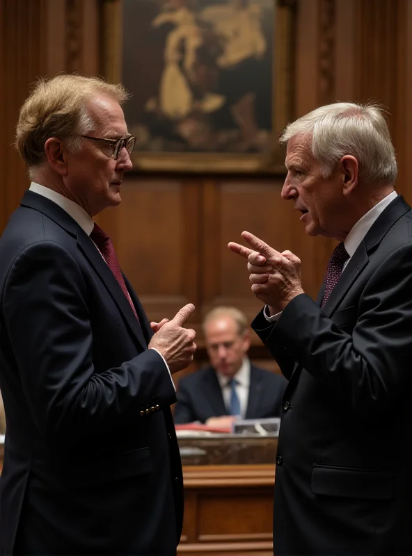 Illustration of two politicians arguing in a parliamentary setting, with one pointing his finger.