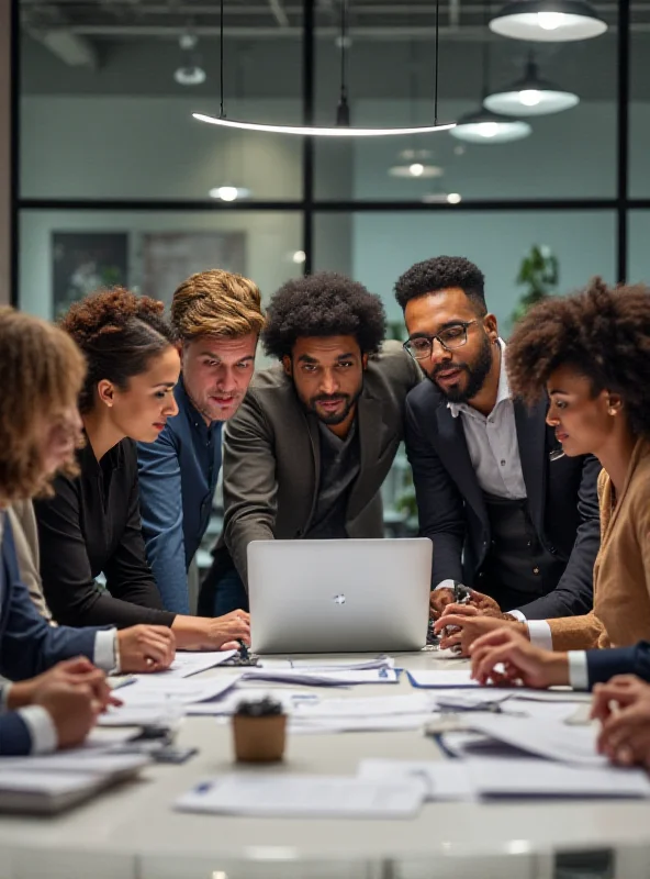 A diverse group of business professionals collaborating in a modern office space