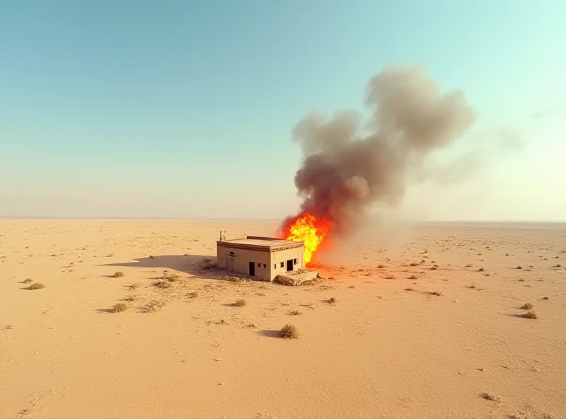 Drone footage showing an airstrike on a remote location in a desert landscape.