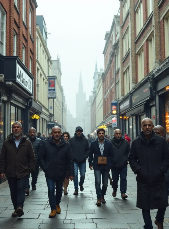 A street scene in London with people walking by, potentially near the site of an assault. The image should evoke a sense of everyday life disrupted by violence.