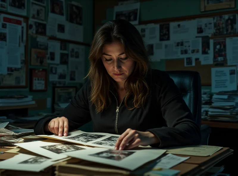 Image of a determined-looking female detective reviewing case files in a dimly lit office.