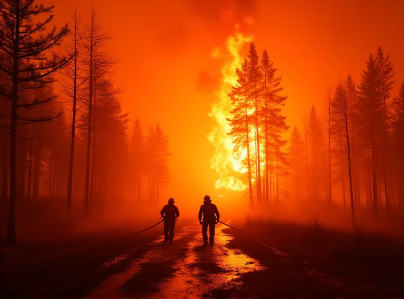 Image of a dramatic forest fire engulfing trees in Japan, with firefighters battling the flames in the foreground.