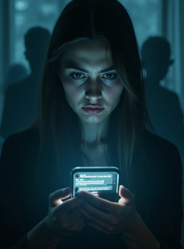 A dimly lit image representing the dark side of social media. Depict a young woman looking anxiously at her phone, with shadowy figures lurking in the background symbolizing online threats and manipulation. The color palette should be muted and unsettling, with a focus on conveying a sense of fear and vulnerability. The phone screen should display fragments of threatening messages or fake profiles. The overall composition should be dramatic and impactful, highlighting the dangers of online interactions.