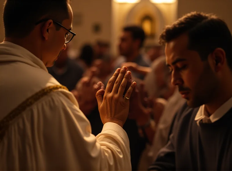 A reverent scene inside Manila Cathedral during Ash Wednesday Mass. Focus on the priest applying ashes to a worshiper's forehead, with other members of the congregation in the background. The lighting should be soft and warm, creating a sense of solemnity and spiritual reflection. Emphasize the details of the ritual, such as the texture of the ashes and the expressions of devotion on the faces of the participants. The composition should be balanced and respectful, capturing the essence of the religious ceremony.