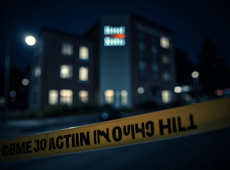 Exterior of a generic hotel at night, crime scene tape visible.