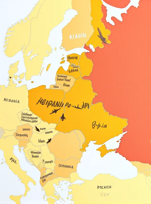 A map of Europe highlighting Ukraine and Russia, with military symbols indicating conflict.