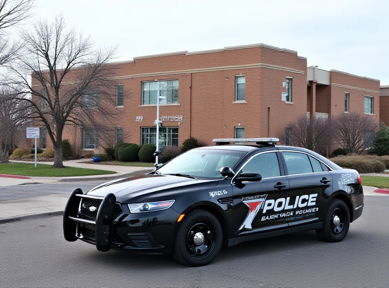 Police car parked on a street in Denver, Colorado, near a school building.