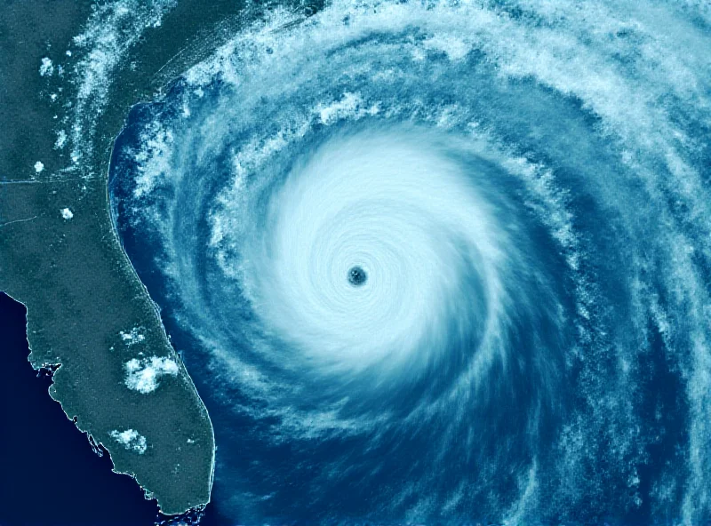 Satellite image of a large cyclone approaching a coastline.