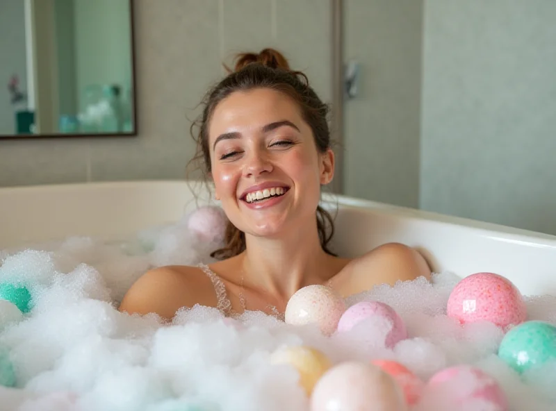 A woman relaxing in a bathtub filled with bubbles and colorful bath bombs.