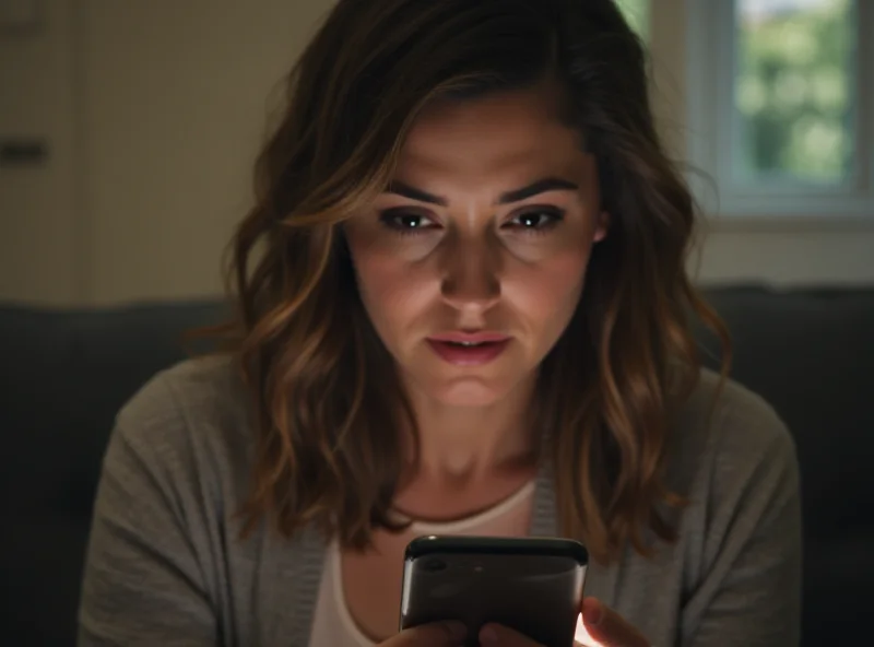 A woman looking concerned while using a dating app on her phone.