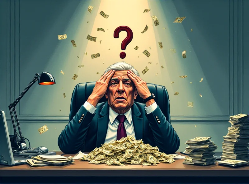 Illustration of a frustrated BBC executive looking at a pile of money with a question mark above their head.