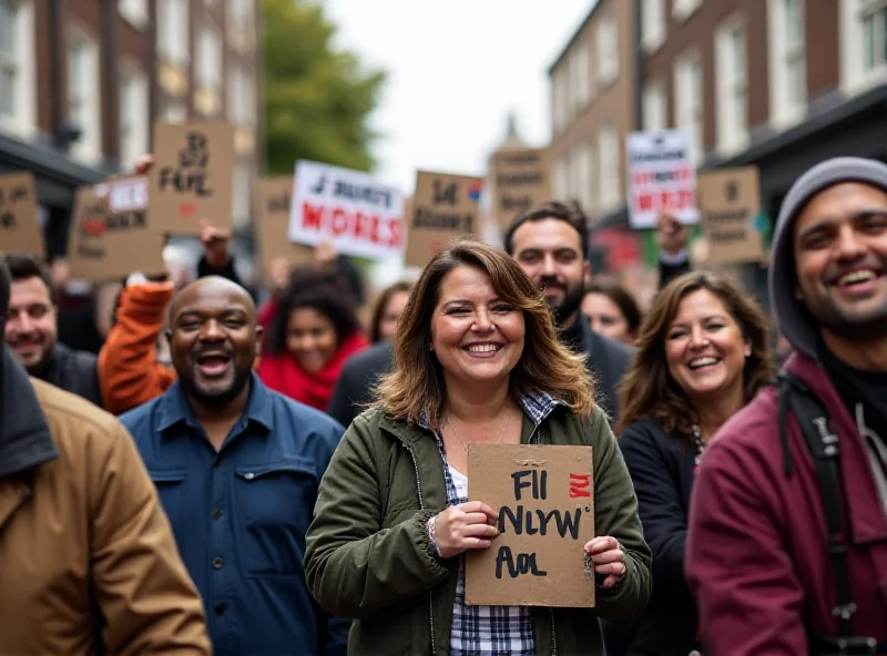 A diverse group of agency workers celebrating the news of the potential ban on zero-hours contracts. They are holding signs with slogans like 'Fair Hours for All' and 'End Zero-Hours Now'.