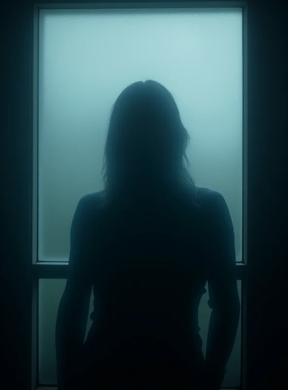 A silhouette of a person looking distressed behind a window.