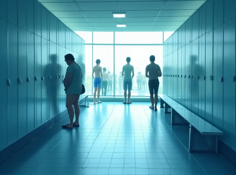 Illustration of a public swimming pool changing room with blurred figures in the background.