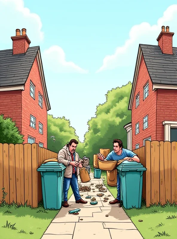 A cartoon illustration of two houses with wheelie bins placed incorrectly, causing an argument between neighbors.