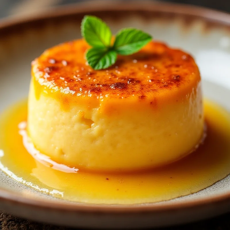 A beautifully plated Catalan Cream dessert with a caramelized sugar crust, served on a rustic plate.