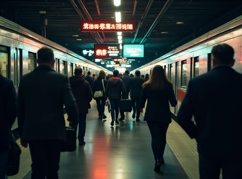 A crowded train station with people rushing around.