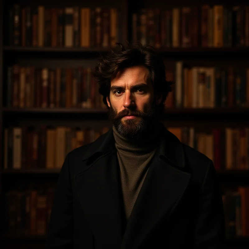 Kaveh Akbar, a poet, standing thoughtfully in front of a bookshelf.