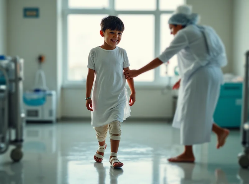 A young boy in a hospital bed, smiling and taking his first steps with the aid of a physical therapist.