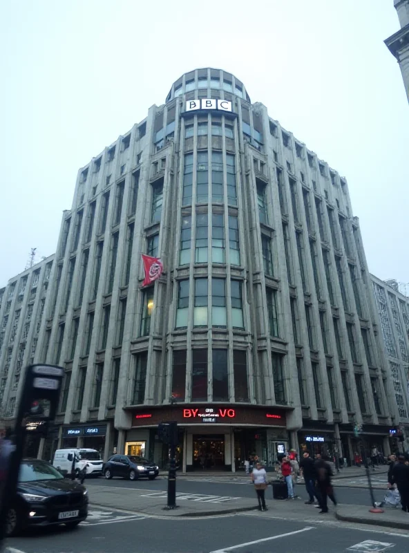 The BBC headquarters building in London, taken on a cloudy day.