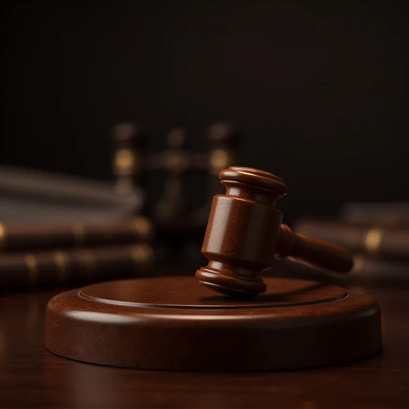 A gavel resting on a wooden block in a courtroom setting, symbolizing justice and legal proceedings.