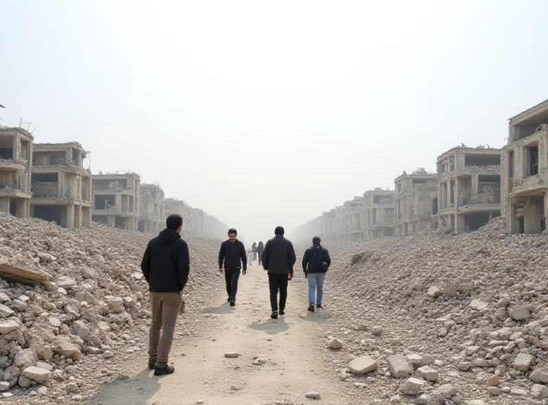 A panoramic view of Gaza with damaged buildings in the background. A group of people are walking amidst the rubble, showing resilience and determination.