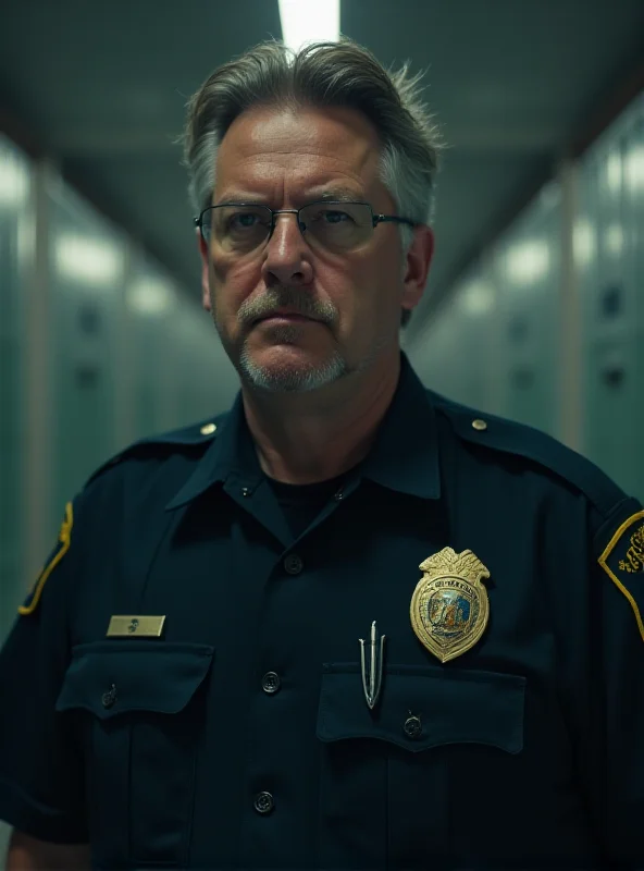 A serious looking ICE agent standing in front of a blurred background of a detention facility. The agent is wearing a uniform and has a stern expression.