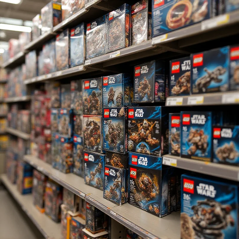 A close-up shot of various Lego sets displayed on a store shelf. The sets include popular themes like Star Wars, Marvel, and Lego City. The focus is on the vibrant colors and intricate details of the Lego boxes.