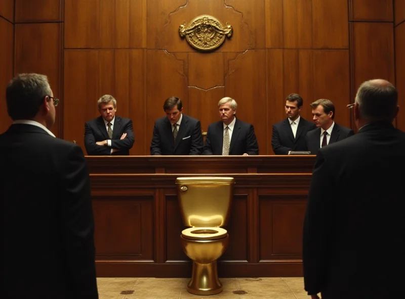 A courtroom scene with three defendants looking anxious, a gold toilet in the background, and lawyers arguing.